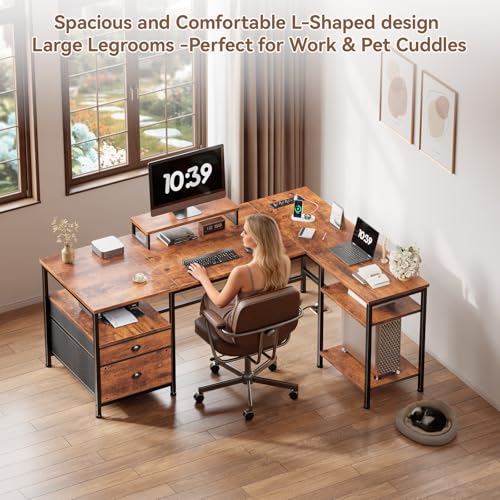Furologee 50 Inch L Shaped Computer Desk with Power Outlet, Rustic Brown - color: Rustic Brown, size: 50 Inch
