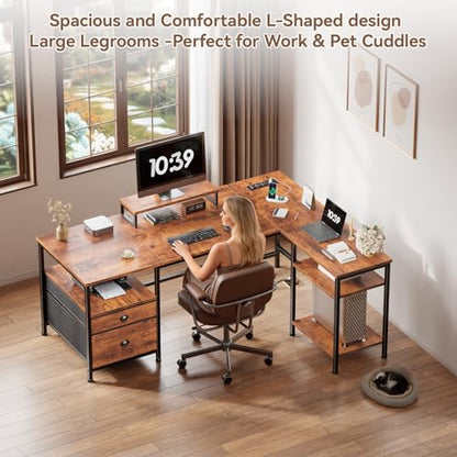 Furologee 50 Inch L Shaped Computer Desk with Power Outlet, Rustic Brown - color: Rustic Brown, size: 50 Inch