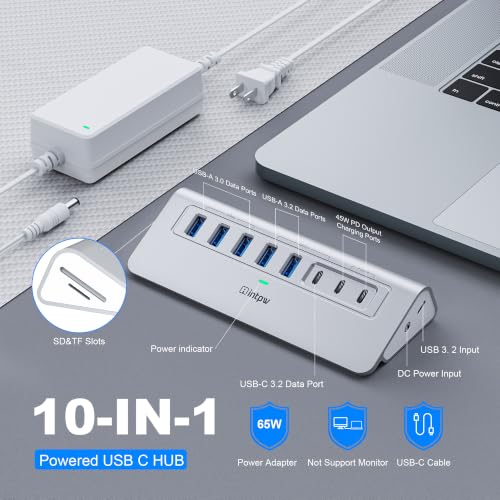 intpw Powered USB Hub 10Gbps, 10-Port USB 3.2/USB C Hub, SD/TF Slots - color: Silver, size: 10 Port