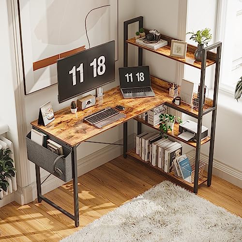 Treesland 47 Inch Computer Desk with Bookshelf, Corner Desk with Storage, L Shaped Desk, Home Office Desks, Writing Study Desk for Bedroom, Brown - color: Brown, size: 47 inch