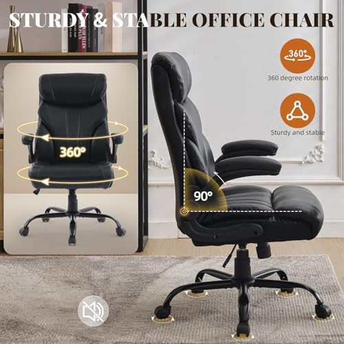 Office Chair 500 LBS, Heavy Duty Executive Leather Desk Chair with Adjustable Flip-Up Armrests, 100-118° Recline, Ergonomic Computer Chair for Heavy People Long Hours Work, Black - color: Black