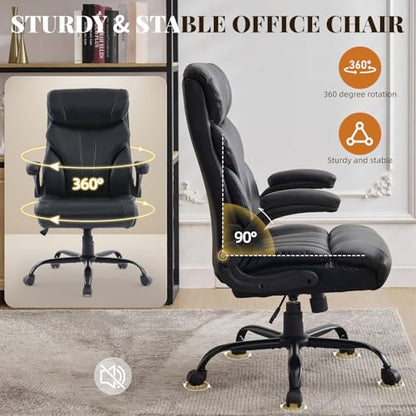 Office Chair 500 LBS, Heavy Duty Executive Leather Desk Chair with Adjustable Flip-Up Armrests, 100-118° Recline, Ergonomic Computer Chair for Heavy People Long Hours Work, Black - color: Black