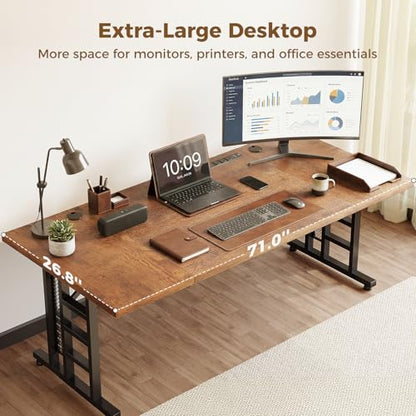 OffiGo 71 Inch Executive Computer Desk with Outlets, Rustic Brown - color: Rustic Brown, size: 71 Inch