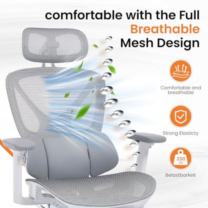 LuxErgo High Back Ergonomic Mesh Office Chair, Home Desk Chair with Adjustable Lumbar Support Foot Rest, 3D Headrest and Armrests, 350lbs Big and Tall High Back Reclining Gaming Chair, Gray - color: Grey
