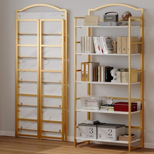 JSB 5 Tier No Assembly Folding Bookshelf, Arched Bookshelf, Foldable Bookcase for Living Room, Bedroom, Office,Skinny Bookshelf (White and Gold) - color: White and Gold, size: 5-Tier