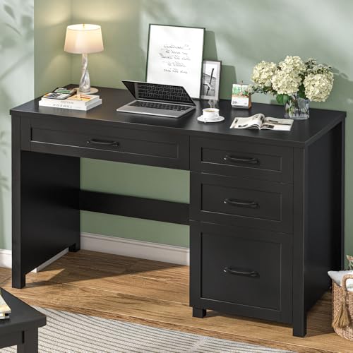 Vabches Farmhouse 47" Computer Desk with 4 Drawers, Pure Black | Executive Desk with File Drawer and Charging Station, Workstation for Home Office, Study - color: Pure Black Without Charging Station
