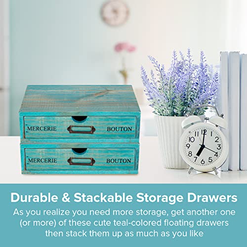 Turquoise Single Drawer Unit - European Country Style Desk Organizer Box - 9.7x7x2.6 Teal Wooden Stackable Drawer - Countertop Organizer Drawer w/Label Holder - Single Monitor Shelf - style: 1 Drawer I 2.6"