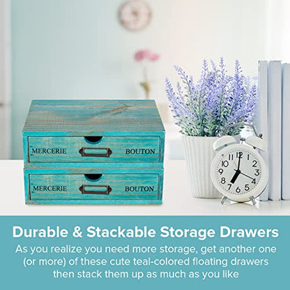 Turquoise Single Drawer Unit - European Country Style Desk Organizer Box - 9.7x7x2.6 Teal Wooden Stackable Drawer - Countertop Organizer Drawer w/Label Holder - Single Monitor Shelf - style: 1 Drawer I 2.6"