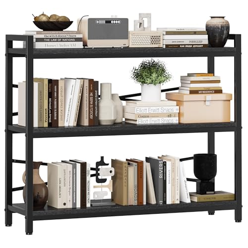 3 Tier Bookshelf 39.37" Width, Dorm Desk Hutch, Desk Shelf, Long Industrial Bookcase, Wooden Large Book Shelf for School Home Living Room Bedroom Office Storage(Black) - color: Black, size: 3 Tier - 39.4" W