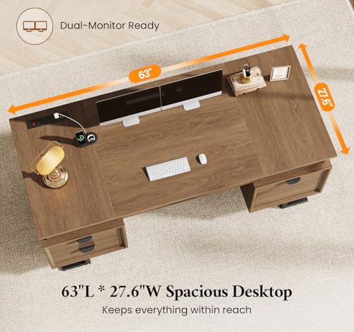 63" W x 27.6" D Executive Desk with 2 Cabinets & Power Outlet - color: Wood Grain Brown, size: Geometric Metal Legs