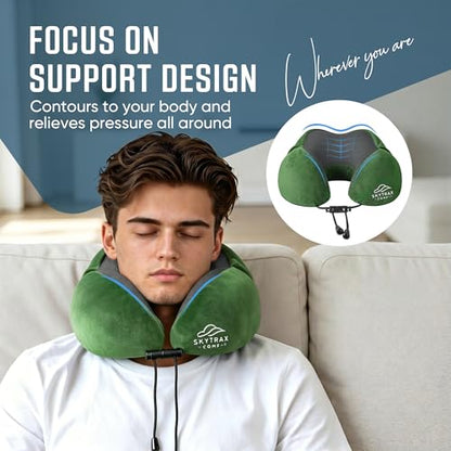 SkytraxComf® Travel Neck Pillow with Hood for Privacy on Long Flights | Memory Foam | Airplane Sleep | Safety-Tested Materials | Extra Large Hood | Chin Support | Earplugs | Washable Cover - color: Olive
