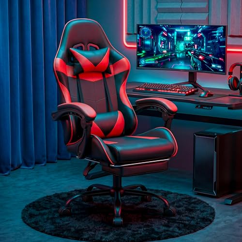 Gaming Chair, Ergonomic Computer Chair with Footrest and Lumbar Support, Height Adjustable Office Chair with 360° Swivel Seat and Headrest (Red & Black) - color: Red & Black