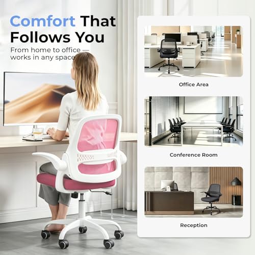 amseatec Mesh Office Chair, Ergonomic Home Office Chair with Flip-Up Arms - color: Pink, size: Oversized