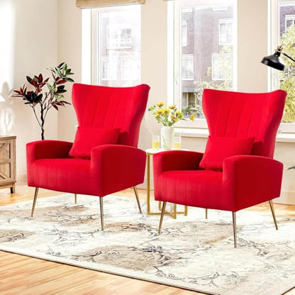 Velvet Accent Arm Chair, Mid-Century Modern Living Room Chair, Wingback Bedroom Side Chair with Gold Legs & Pillow, Button-Tufted, Red - color: Red, size: 2PCS with Channel Tufted
