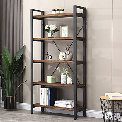 5 Tier Bookcase, Solid Wood Bookshelf Rustic Vintage Industrial Etagere Bookcase, Metal and Wood Free Vintage Bookshelf, Retro Brown (5-Tiers) - size: 5-Tiers-Solid Wood