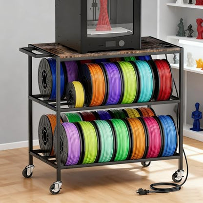 3D Printer Stand with Filament Storage, Heavy Duty Rolling Printer Cart on Wheels with Built-in Power Outlet, Small 3D Printer Table for Organizer Filament Spools, Workshop Office Garage Studios,Brown
