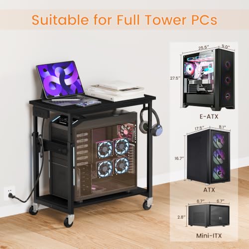Snughome Oversized Computer Tower Stand with Extended Top & Charging Station, 25.2''-36.2'' Height-Adjustable PC Tower Stand, Rolling CPU Cart with Lockable Wheels for Office Home Gaming - size: 27.56" L x 15.75" W x 36.22"