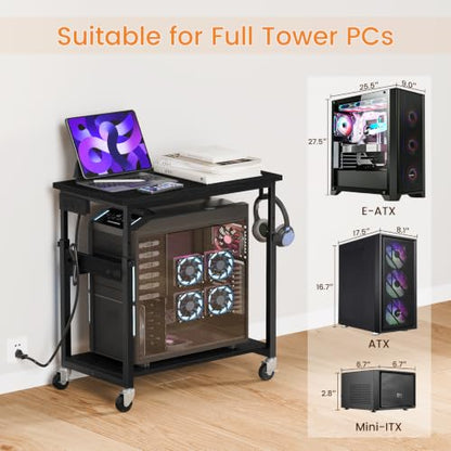 Snughome Oversized Computer Tower Stand with Extended Top & Charging Station, 25.2''-36.2'' Height-Adjustable PC Tower Stand, Rolling CPU Cart with Lockable Wheels for Office Home Gaming - size: 27.56" L x 15.75" W x 36.22"