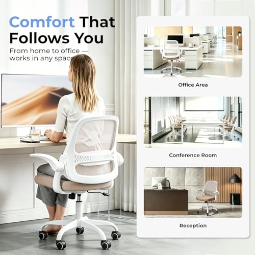 amseatec Mesh Office Chair, Ergonomic Home Office Chair with Flip-Up Arms - color: Beige, size: Oversized