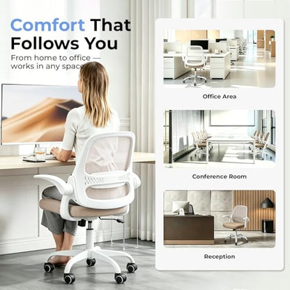 amseatec Mesh Office Chair, Ergonomic Home Office Chair with Flip-Up Arms - color: Beige, size: Oversized