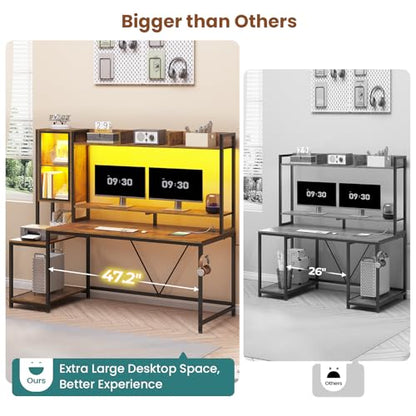 SEDETA 60'' Gaming Desk with Storage, Hutch, Display Cabinet and LED Lights - color: Rustic Brown