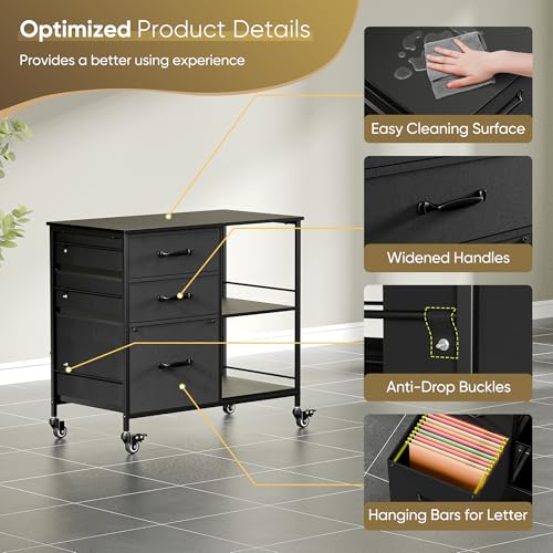 ZENY Lateral File Cabinet with 3 Drawers, Mobile File Cabinet Printer Stand, Rolling Fabric Lateral Filing Cabinet for Office Home Small Space (Black) - color: Black