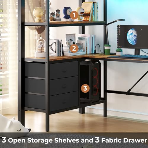 DICTAC Twin Loft Bed with L-Shaped Desk, LED Lights,Charging Station LED Metal Kids Loft Bed Twin Size with 3 Storage Shelves and 3 Fabric Drawers, Safety Guard & Ladder,No Box Spring Needed, Black - color: Black, size: Twin