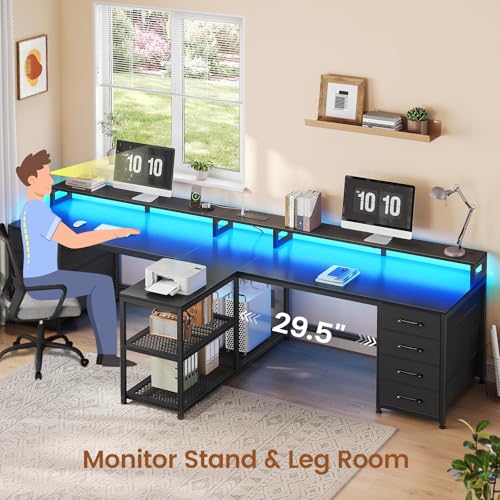 SEDETA 94.5" 2 Person Gaming Desk with 8 Drawers & Storage Shelves, Black | Double T Shaped Office Desk with LED Lights, Power Strip with USB & Monitor Stand for Home Office, Bedroom - color: Black