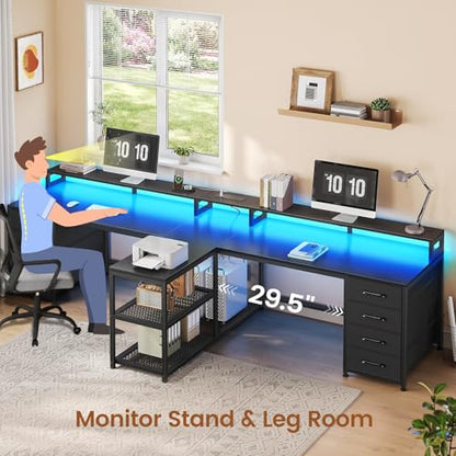 SEDETA 94.5" 2 Person Gaming Desk with 8 Drawers & Storage Shelves, Black | Double T Shaped Office Desk with LED Lights, Power Strip with USB & Monitor Stand for Home Office, Bedroom - color: Black