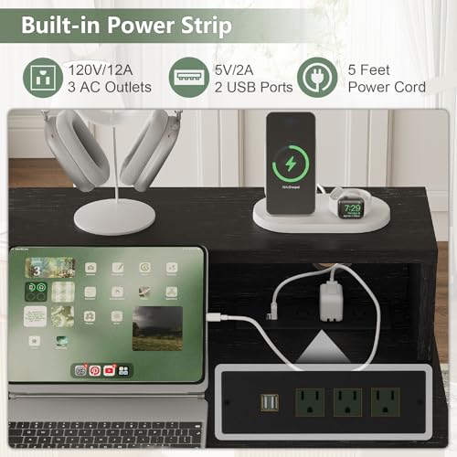 Office Desk MDF, Power Outlets, Monitor Stand, White/Black | MDF desk, built-in power outlets, raised monitor stand, keyboard pull-out, file cabinet drawers, home office
