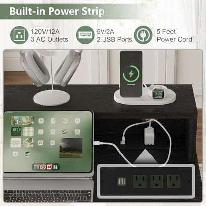 Office Desk MDF, Power Outlets, Monitor Stand, White/Black | MDF desk, built-in power outlets, raised monitor stand, keyboard pull-out, file cabinet drawers, home office
