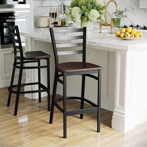 Flash Furniture HERCULES Series Black Ladder Back Metal Restaurant Barstool - Mahogany Wood Seat - color: Mahogany Wood Seat/Black Metal Frame, size: Set of 1