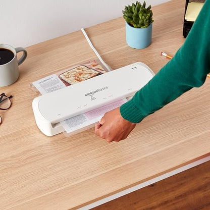 Amazon Basics 9-Inch Thermal Laminator Machine with Quick Warm-Up, 2 Heat Settings, Jam Release for Documents and Photos, White - size: 9-Inch