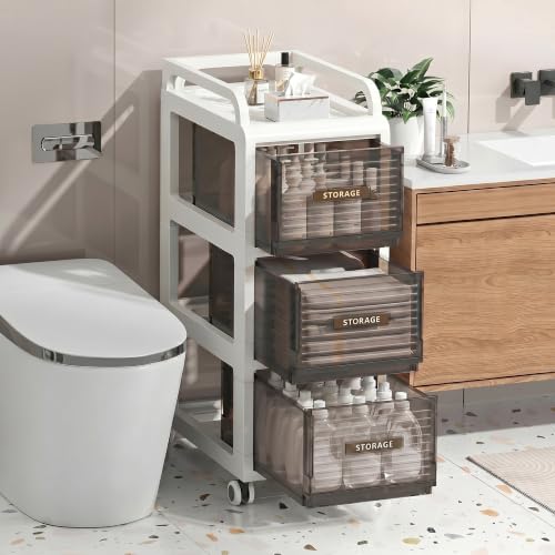 Bathroom Storage with Drawers, 11.8" Wide Slim Cabinet with Wheels - size: 11.8" Wide