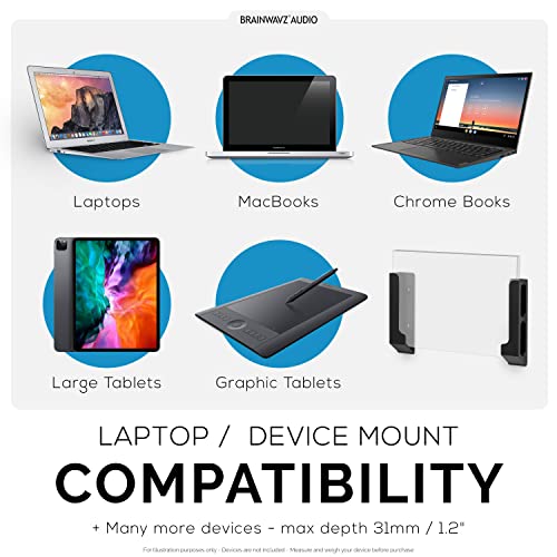 BRAINWAVZ Wall Mount Laptop Holder with Adhesive & Screw in, 1.2" / 31mm, for Macbooks, Surface, Keyboards, Switch, Tablets & More - color: black