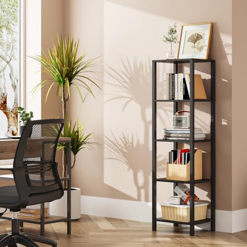TUTOTAK Bookshelf, 5-Tier Tall Narrow Book Shelf for Small Space | 10.7 x 14.5 x 53.2 Inches Skinny Display Shelf with Storage for Living Room, Office, Study, Entryway, Black BS01BK005 - color: Black, size: 5-Tier(10.7 x 14.5 x 53.2 Inches)