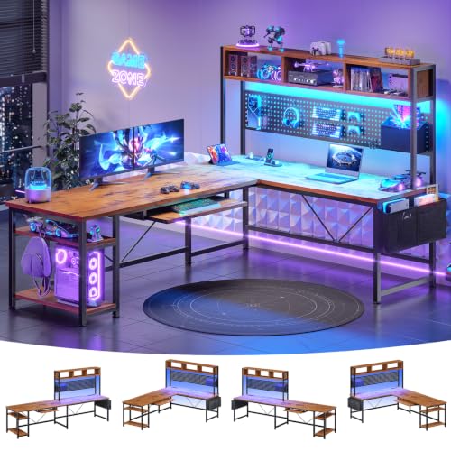 SEDETA L Shaped Computer Desk, Reversible Corner Desk with Power Outlet | Gaming Desk with Pegboard, Led Lights, Keyboard Tray, Headphone Hook and Storage Shelves, Rustic Brown - color: Rustic Brown With Power Outlet and Pegboard
