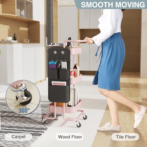 DTK 3-Tier Metal Utility Rolling Cart with Table Top and Side Bags, Art Craft Cart with 4 Hooks for Kitchen, Bathroom, Office, Living Room (Pink) - color: Pink, size: Large