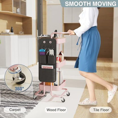 DTK 3-Tier Metal Utility Rolling Cart with Table Top and Side Bags, Art Craft Cart with 4 Hooks for Kitchen, Bathroom, Office, Living Room (Pink) - color: Pink, size: Large