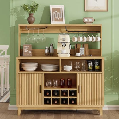 Fluted Buffet Cabinet with Storage, Modern Coffee Bar Cabinet, Natural - color: Wood Grain, size: Coffee Bar - 15.6"D x 47.2"W x 49.6"H