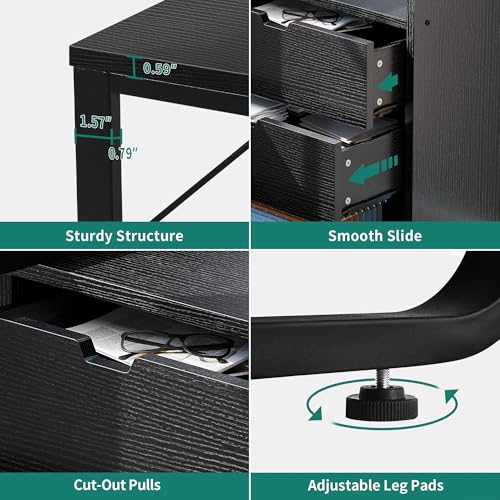 YITAHOME L Shaped LED Desk with Power Outlets & File Cabinet, Black - color: Black