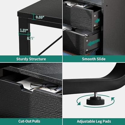 YITAHOME L Shaped LED Desk with Power Outlets & File Cabinet, Black - color: Black