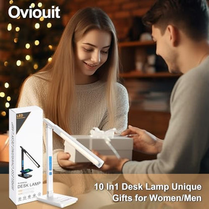 10 in 1 Smart Desk Lamp Led, Desk Light for Colleage Drom Room Office, Eye-Caring Table Lamp with Night Light, Lamp for Desk with 10W Wireless Charger, Dimmable Touch Lamp, Birthday Gifts for Women - color: White-Pro