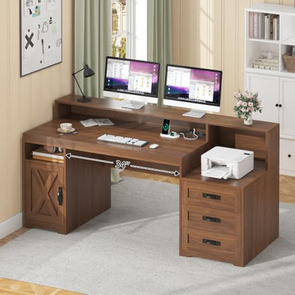 65" Farmhouse Computer Desk with Drawers and Printer Stand for Home Office - color: Brown