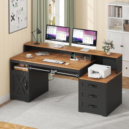 65" Farmhouse Computer Desk with Drawers and Printer Stand for Home Office - color: Brown and Black