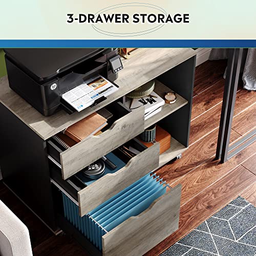 DEVAISE 3-Drawer Wood File Cabinet, Mobile Lateral Filing Cabinet, Printer Stand with Open Storage Shelves for Home Office, Greige | Mobile Printer Stand, Open Storage Shelves, Letter & A4 Compatible, Wood, Home Office - color: Greige