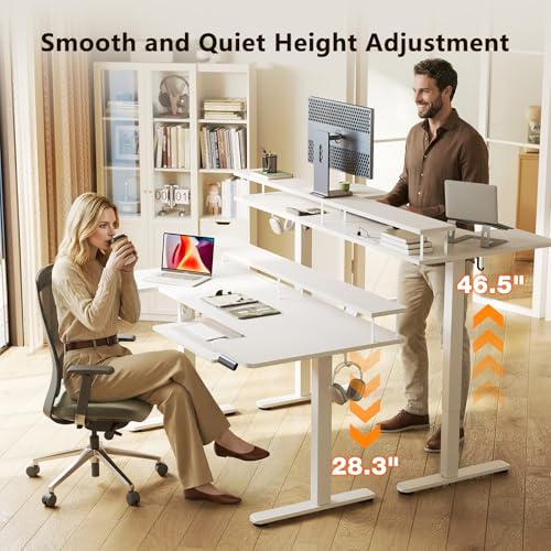 63 Inch U Shaped Electric Standing Desk with Keyboard Tray, White | Power Outlet, Monitor Stand, LED Light, 3 Presets, 28.3"-46.5"in Range, 154 lb Capacity - color: White, size: 63 Inch