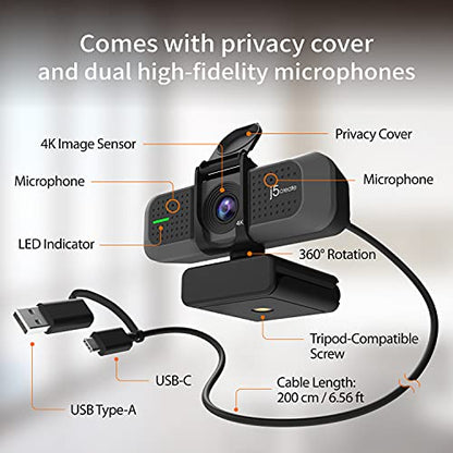j5create 4K Wide Angle Webcam with Microphone/Privacy Cover