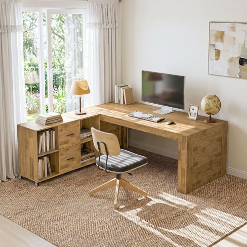 Tribesigns 63" Executive Desk with File Cabinet | L-Shaped Office Desk with Drawers and Storage Shelves, Business Combo Furniture, Computer Desk Set for Home Office, Brown