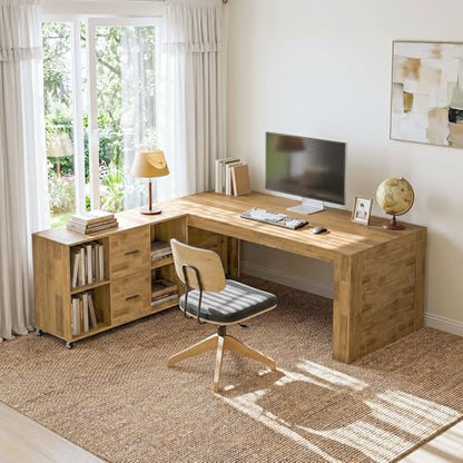 Tribesigns 63" Executive Desk with File Cabinet | L-Shaped Office Desk with Drawers and Storage Shelves, Business Combo Furniture, Computer Desk Set for Home Office, Brown